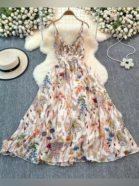 Ethereal Floral Maxi Sundress Summer Dress — Cream Multi New Boutique